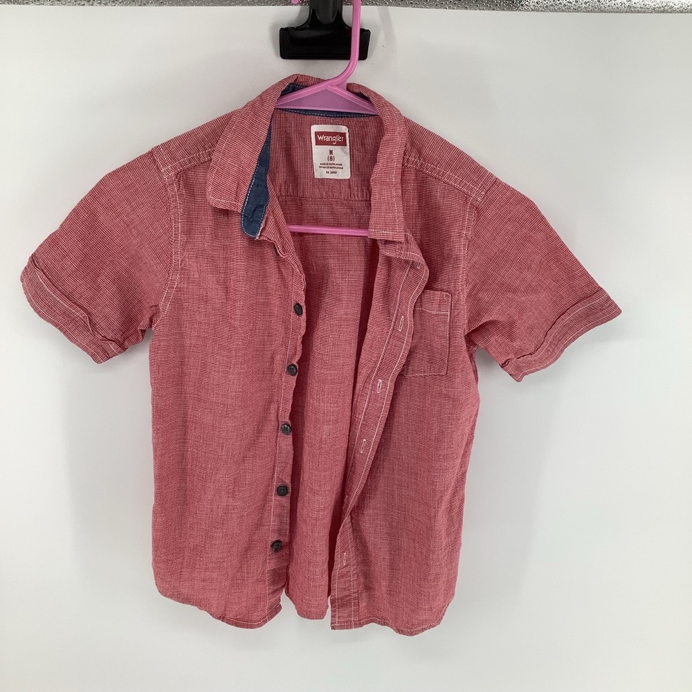 Wrangler Boys M 8 Red Striped‎ Short Sleeve Button Up Shirt